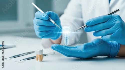 Professional dentist in blue gloves meticulously demonstrates a virtual dental implant with specialized instruments for advanced dentistry solutions