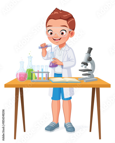 Happy elementary school boy making experiment in chemistry class. Cartoon vector illustration.