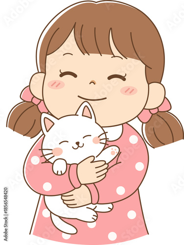 A heartwarming illustration of a cute girl hugging a cat