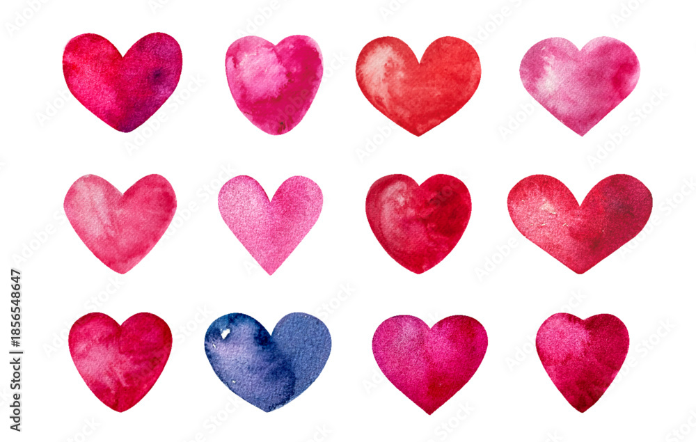 Fototapeta premium Set of hand painted watercolor hearts for Valentine's day