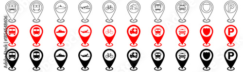 Collection of location pin icons representing various transportation methods and services