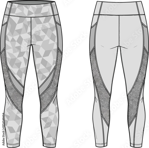 Technical leggings flat sketch vector design, front back view sportswear yoga pants pattern with mesh panels seam details fashion apparel blueprint isolated white background