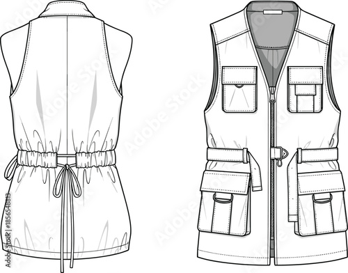 Utility vest technical fashion flat sketch, front and back view sleeveless jacket design vector apparel illustration template, for outdoor workwear clothing production sewing pattern