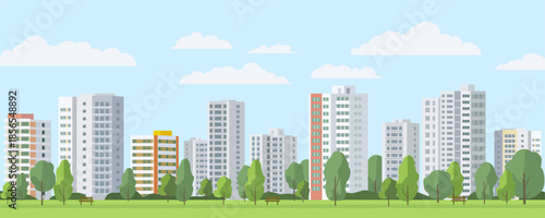 Cityscape of a residential area with various buildings and a park. Residential buildings with apartments. Real estate with apartments in a large city. Vector illustration.