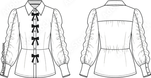 Women blouse technical drawing, fashion flat sketch, front and back view, long sleeve shirt apparel design, tailored top illustration, vector line art for manufacturing