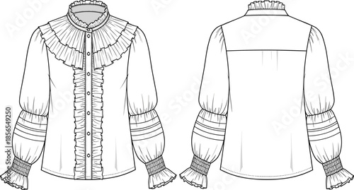 Women Victorian ruffle blouse technical fashion flat sketch front back view long sleeve collar detailed apparel design illustration vector sewing pattern clothing blueprint template