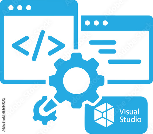Blue of coding window, gear, and Visual Studio with code symbols