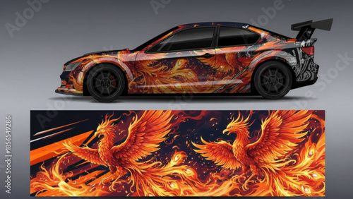 Custom car wrap design featuring two majestic phoenixes rising from vibrant flames, showcasing a fiery and dynamic automotive aesthetic.