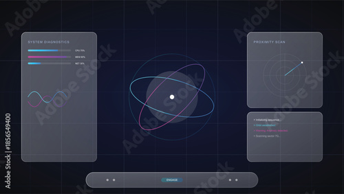 Digital Display of Cosmic Dynamics: An interactive digital display showcases abstract visualizations of space, encompassing data analysis, technological progress, and scientific discovery.