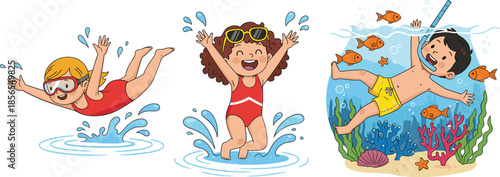 Happy cartoon kids swimming and snorkeling underwater summer vacation activities playful children water fun illustration set