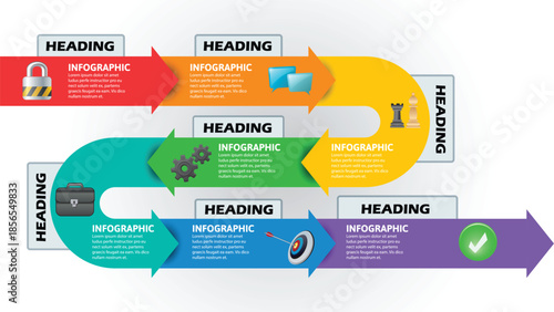 7 Step Business Process Infographic Template with Wavy Arrow Flow. Marketing Strategy Roadmap with Lock, Chess, and Target Icons. Professional Vector Illustration for Project Management