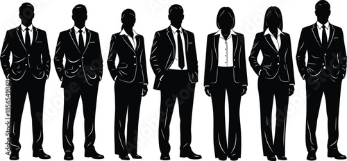 Business professional team silhouette, corporate executives men women standing together leadership diversity office workforce isolated white background illustration vector design