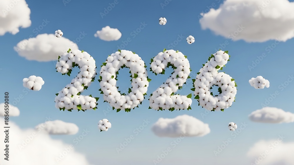 Naklejka premium Happy new year 2026 with flowers and clouds in the blue sky with white clouds floating around