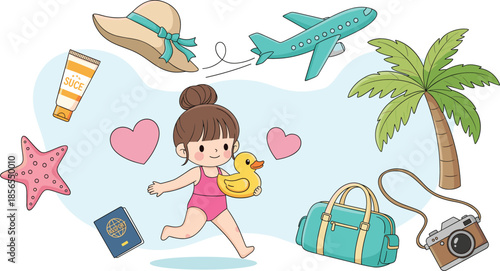 Cute cartoon girl enjoying summer vacation travel elements beach holiday fun children illustration with tropical accessories