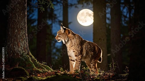 Majestic Lynx Under Full Moon in Forest at Night