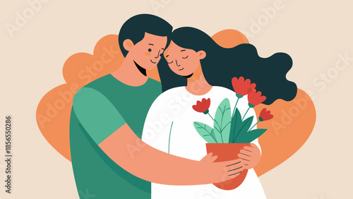 Valentine’s Day. Happy couple embracing with a flower pot, expressing love, care and romantic connection