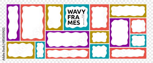 Funny Wavy Textbox Border Frame Kit. Wave Shape Border for Text Box Bundle. Scallop Edge Square Rectangle Frames Set. Vector Graphic Elements in Transparent Png Background