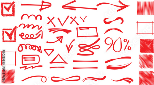 Collection of red hand drawn sketch elements including arrows check marks underlines and basic geometric shapes for annotation.