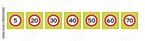 Speed Limit Sign Series from 5 to 70 km/h with Yellow Background – High Quality Vectorial Road Sign Set