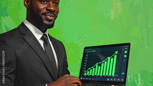 African Businessman Analyzing Growth Chart on Laptop, Smiling