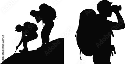 Silhouette photographers hiking mountain ridge with backpack using camera binoculars outdoor adventure travel exploration isolated on white background nature concept