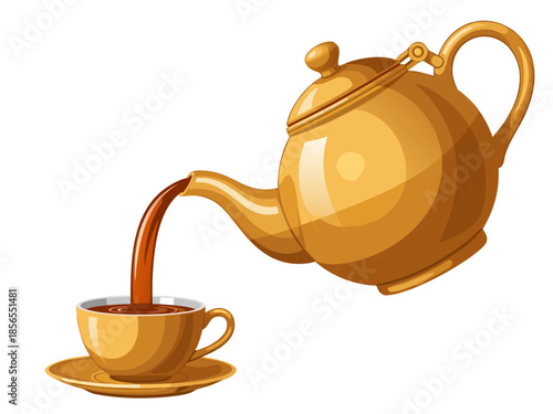 Vector illustration of a teapot pouring tea into a cup on a saucer, a serene moment captured in a simple yet elegant vector graphic, 2.eps