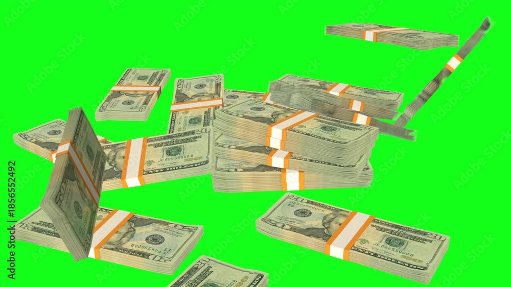 4k falling stacks of 20 dollar bills on green screen, money dropping ...