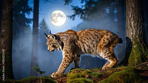 Majestic Lynx in Forest Under Full Moon