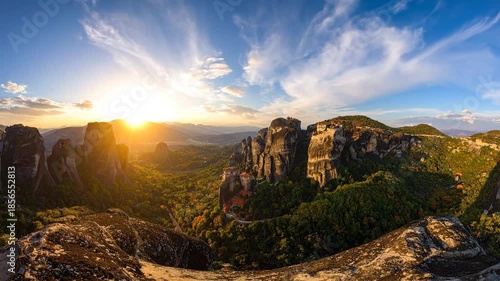 Stunning Sunset Over Meteora Monasteries, Greece, Panoramic View