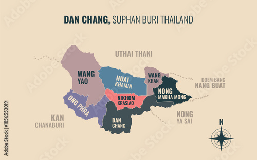 Map showing Dan Chang District Suphan Buri Thailand divided into sub-districts with minimalist colorful patterns