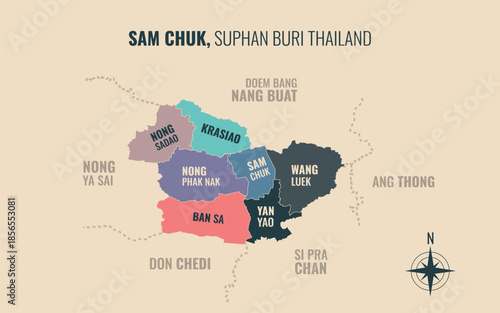 Map showing Sam Chuk District Suphan Buri Thailand divided into sub-districts with minimalist colorful patterns