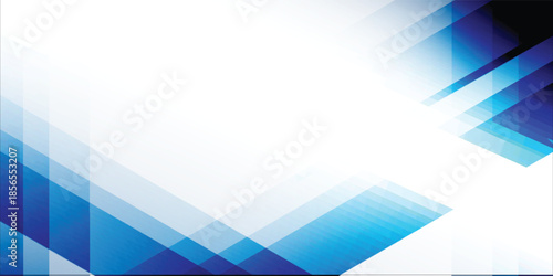 Abstract blue and white geometric background with diagonal lines and overlapping shapes creating a modern design.