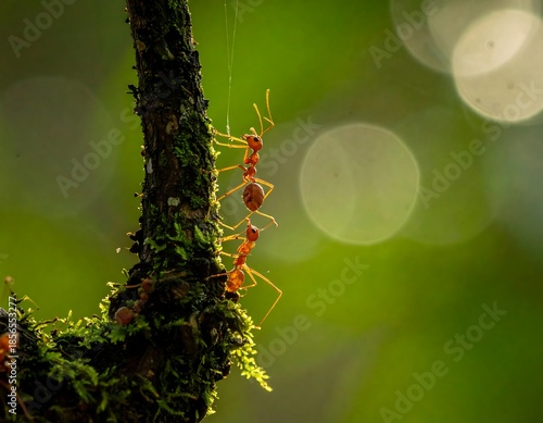 Two red ants climbing on a mossy branch, with a blurry green bokeh