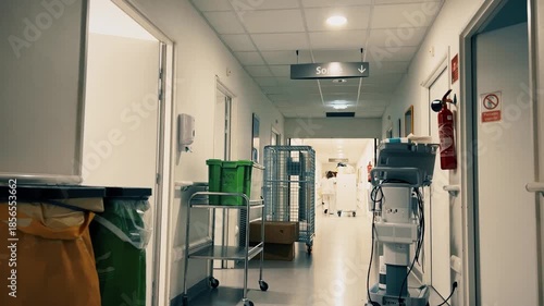 French hospital corridor with medical equipment and staff trolley. Text on the sign in French: Exit