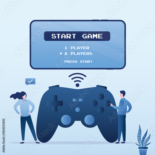 Start new game. User press button on controller or joystick for console. Female and male characters starting to play a video game together. Cyber gaming, esport
