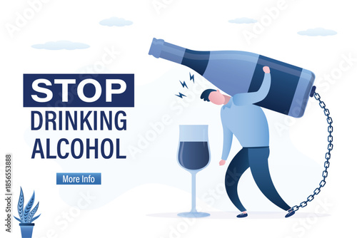 Drunk male character chained to wine bottle. Stop alcohol addiction, motivational banner. Unhappy man dependent to strong alcoholic drinks. Quit alcoholism, social issues