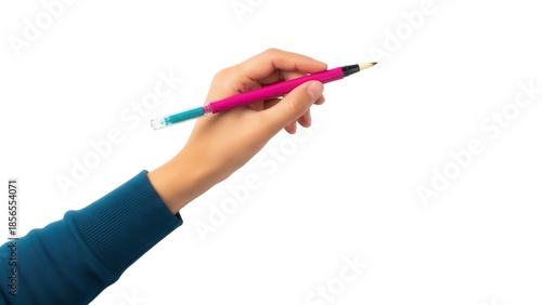 Isolated hand holding pink pen, blue section, positioned as if writing on clear surface