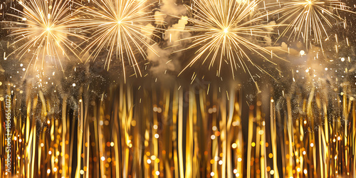 Vibrant fireworks illuminating the night sky, with bursts of gold and colorful explosions, capturing the festive atmosphere of New Year celebrations.