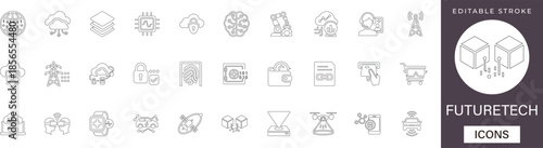 Future technology line icon set featuring AI, quantum computing, and space innovation symbols. Ideal for next-gen UI design, tech blogs, and digital branding. Editable.