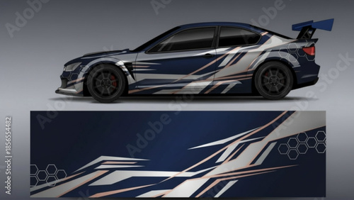 A sleek dark blue car with a silver and orange geometric racing stripe decal design, showcasing the vehicle wrap template below.
