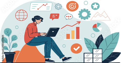 Woman working on laptop with data analysis