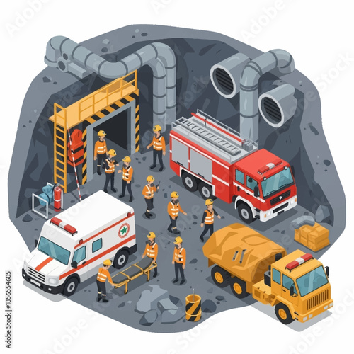 Emergency Rescue Team Responding to Mine Collapse Disaster Scene.