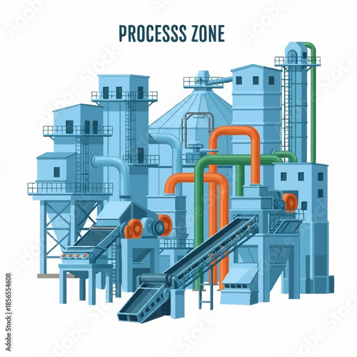 Industrial Processing Plant with Conveyor Belts and Storage Silos.