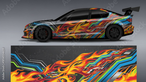 Customized sports car with a vibrant, fiery and geometric side decal design.