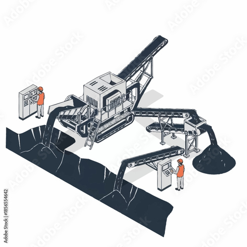 Industrial rock crushing and screening plant operation with workers.