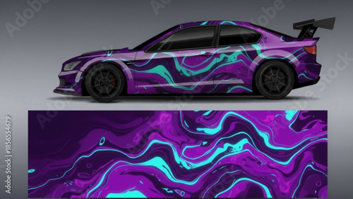 Custom wrapped purple sports car with abstract turquoise and purple swirling design, showcasing automotive graphic art.