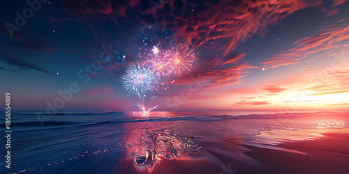 Colorful fireworks explode in the night sky over a calm ocean during sunset, surrounded by clouds, with reflections shimmering on the water’s surface.