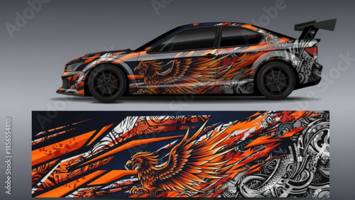 Custom car wrap design featuring an aggressive orange eagle graphic and abstract patterns.