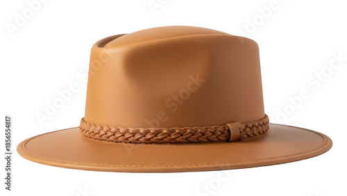 Isolated tan fedora hat with braid detail provides stylish sun protection for outdoor activities
