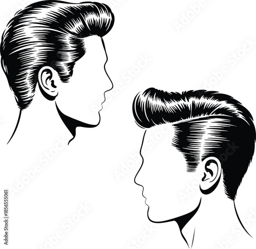 Retro Men's Pompadour Hairstyle Illustrations, Male Profile Silhouettes with Styled Hair, Vintage Greaser or Rockabilly Hair Icons, Quiff and Pompadour Line Art Set, silhouette, illustration, vector.